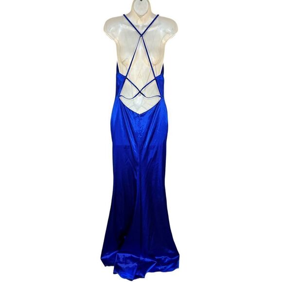 LA FEMME 29858 Long Stretch Satin Dress In Royal Blue NWT Size 8 - Picture 4 of 7